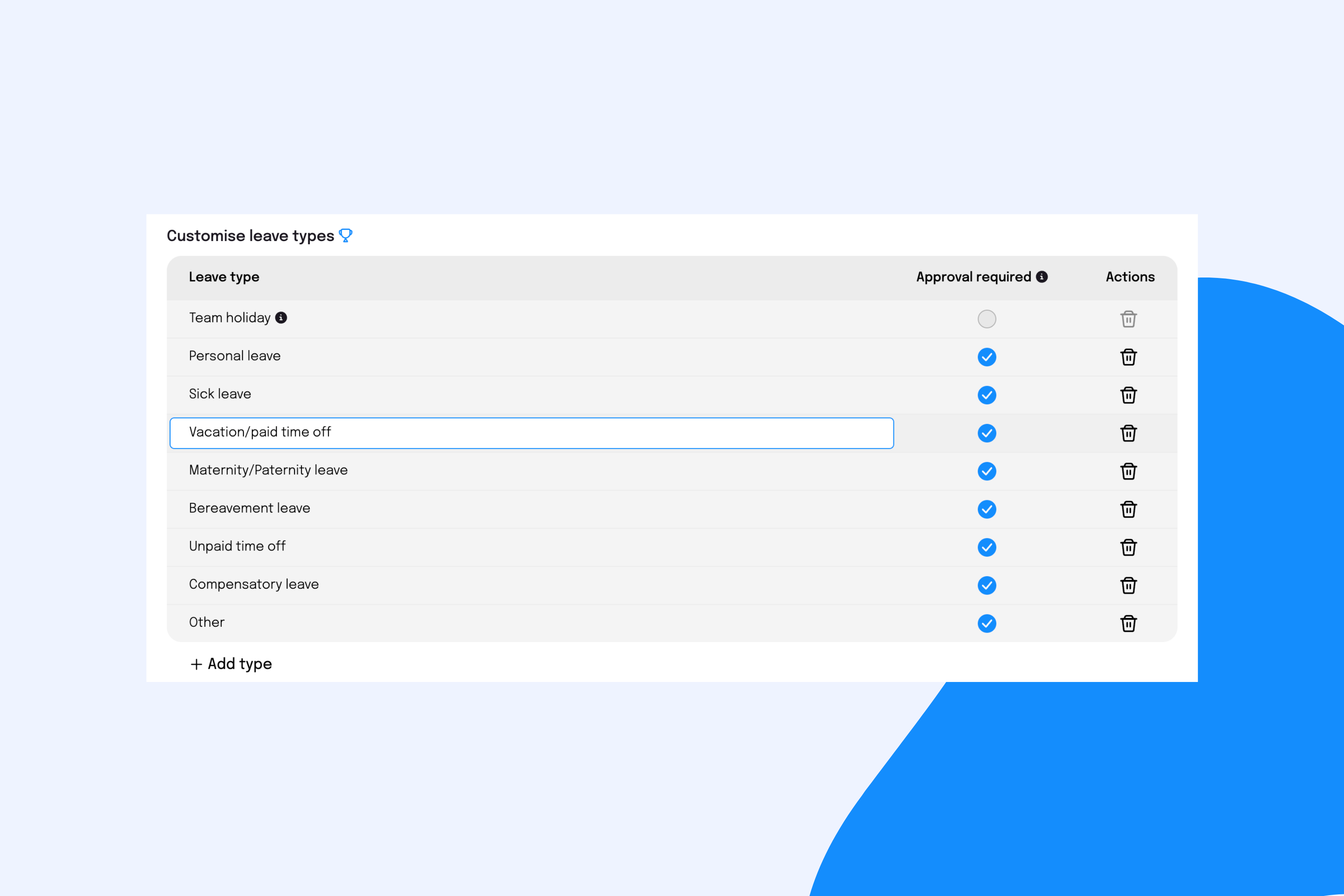 Customisable leave types & approval flow