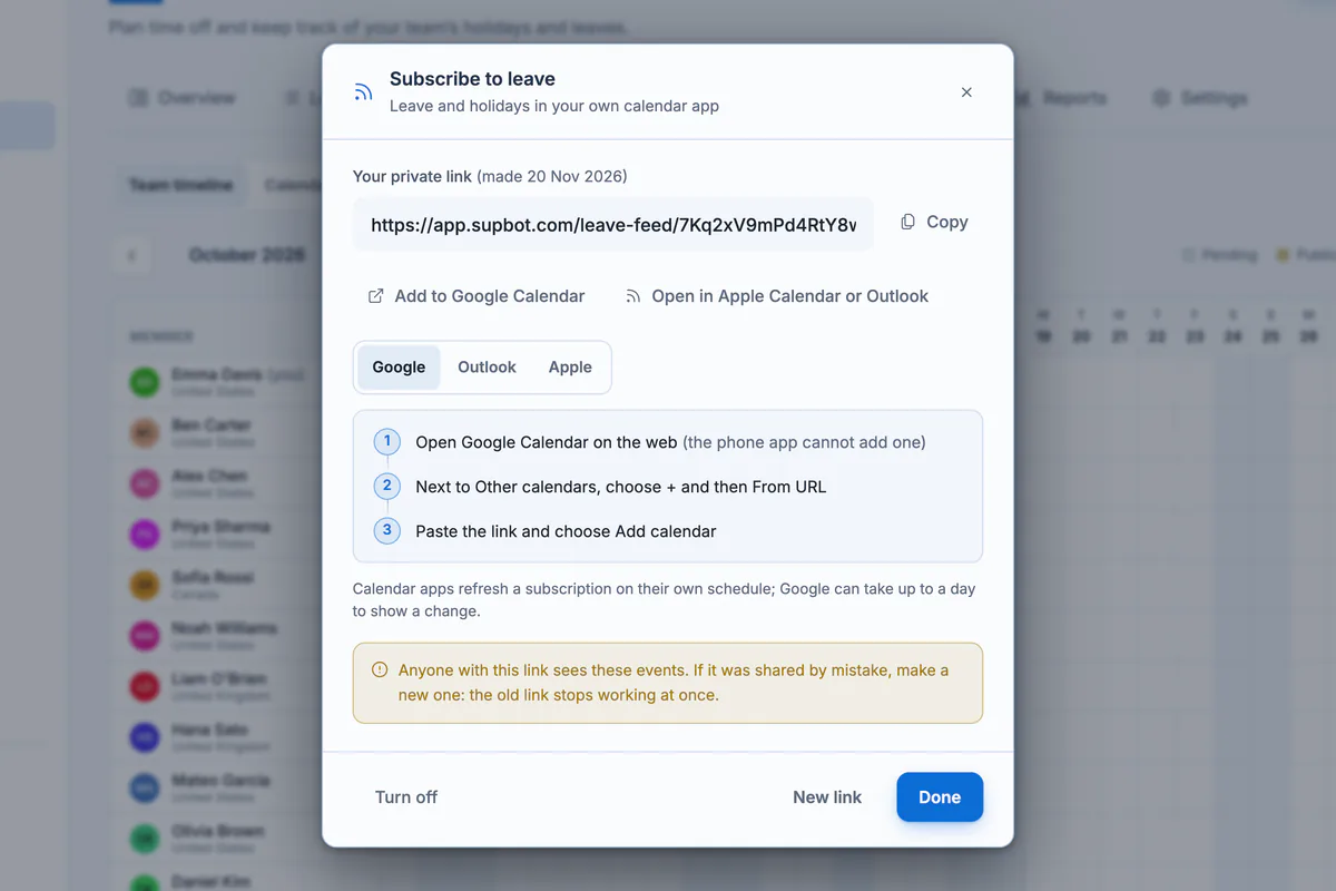 Sup! Subscribe to leave dialog with a private calendar link, buttons to add it to Google Calendar or open it in Apple Calendar or Outlook, and step-by-step instructions for Google Calendar