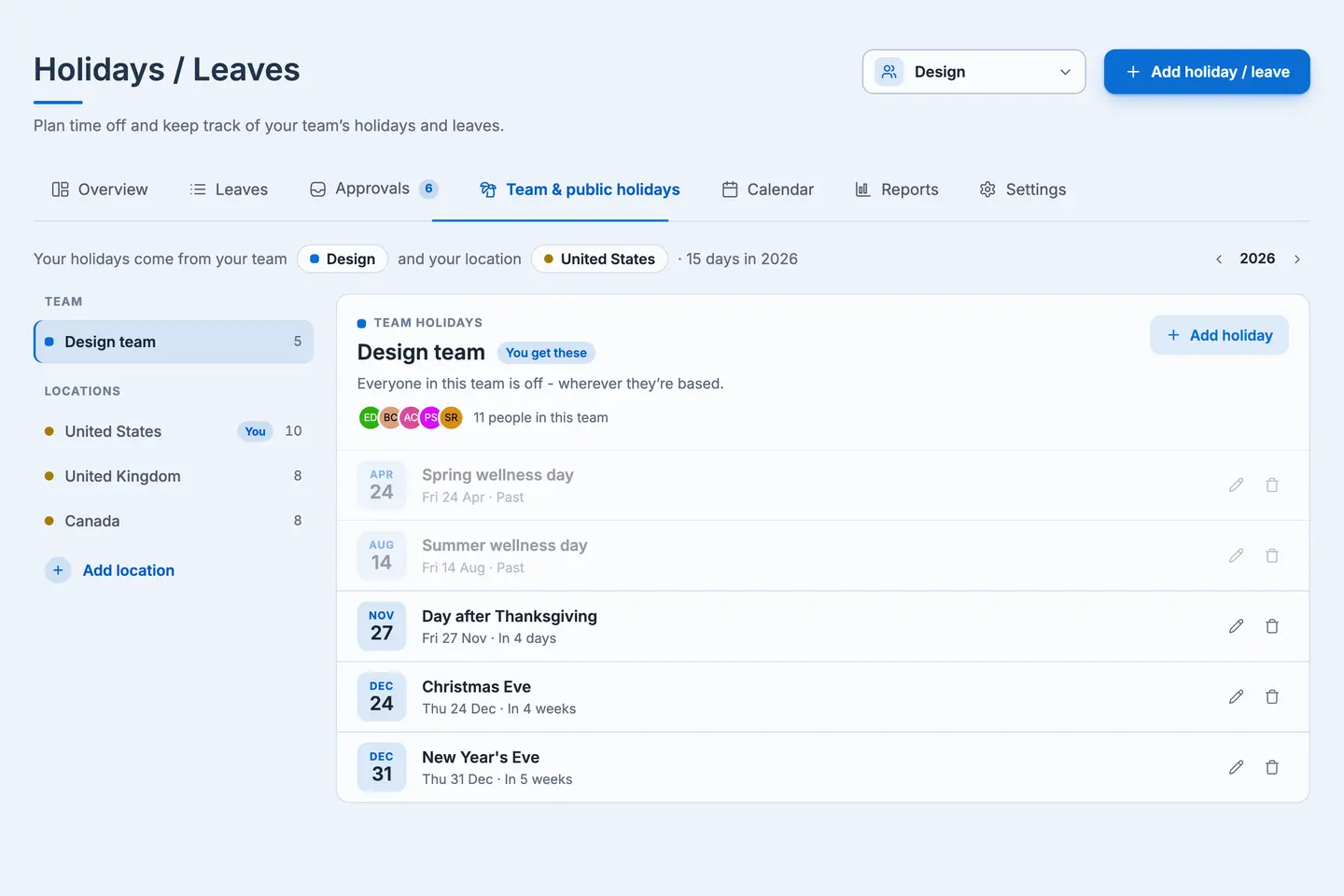 Sup! Team and public holidays page listing the Design team's holidays for 2026, with separate public holiday lists for the United States, United Kingdom, and Canada