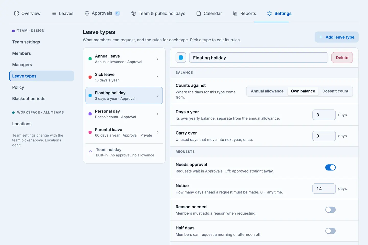 Sup! Leave Tracker settings for the Design team's leave types, with a Floating holiday type set to its own balance of 3 days a year, no carry-over, approval required, and 14 days' notice