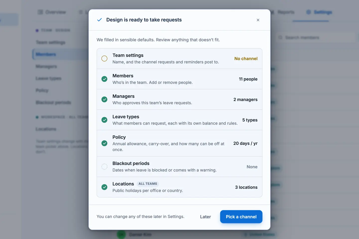 Sup! team setup checklist for the Design team, covering team settings, members, managers, leave types, policy, blackout periods, and locations